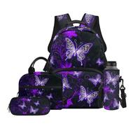 Renewold Girls Backpack Kids Teens Backpack 4PCS Set Lightweight School Bag with Lunch Bag Pencil Pouch Water Bottle Sleeve Purple Butterfly Print Multiple Compartments for Girls School Travel