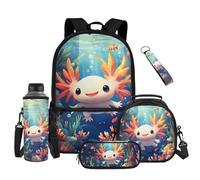 Renewold Girls Backpack School Bag Reusable Insulated Lunch Box Pencil Case Water Bottle Sleeve Keychain 5 PCS Set Cute Axolotl Ocean Kids Teens Bookbag School Supplies Travel Athletic Everyday