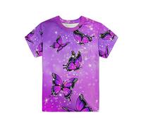 Renewold Girls Boys Summer Tops, Short Sleeve Butterfly Elegant Purple Tops Tee Shirts Soft Comfort T Shirt Kids Teen Blouse Size 15-16 Years Clothing