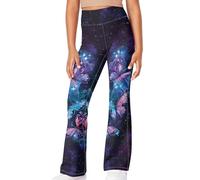 Renewold Girls' Leggings Flare Pants with Galaxy Butterfly Print Soft Stretchy High Waisted Bootcut Pants for Kids Child Yoga Dance Flared Leggings Bell Bottoms Activewear Size 13-14 Years