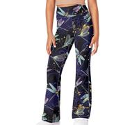 Renewold Girl's Leggings High Waisted Flare Leggings Pants, Blue Dragonfly Print Bell Bottoms for Girls, Full Length Jazz Dance Pants, Bootcut Yoga Pants for Kids Teens, Size 13-14 Years