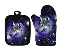 Renewold Heat Resistant Oven Mitts & Pot Holders for Kitchen 2 Pack Set, Galaxy Wolf Print Cotton Oven Gloves Potholders for BBQ Cooking Baking Microwave Oven