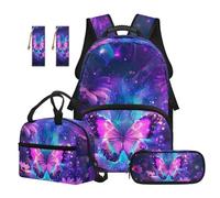 Renewold Kids Backpack 5PCS Set, Durable School Backpack with Insulated Lunch Bag Pencil Pouch, Adjustable Shoulder Straps Bookbag for 5-14 Girls, Purple Butterfly, Elementary Middle School Daily Use