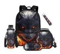 Renewold Kids Backpack 5PCS Set, School Bag with Lunch Bag Pencil Case Water Bottle Sleeve Keychain, Adjustable Straps for 4-15 Years Boys, Daily School Travel Use, Grey Wolf