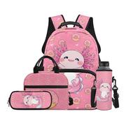 Renewold Kids Girls Backpack Set with Lunch Box 4 PCS School Bag Bookbag with Pencil Case Water Bottle Sleeve Adjustable Shoulder Strap Backpack Cute Axolotl Donut for Ages 5-12 Sport Outdoor Everyday