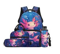 Renewold Kids Girls Backpack Set with Lunch Box 4 PCS School Bag Bookbag with Pencil Case Water Bottle Sleeve Adjustable Shoulder Strap Backpack Cute Axolotl Ocean for Ages 5-12 Sport Outdoor Everyday