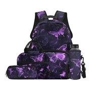 Renewold Kids Girls Backpack Set with Lunch Box 4 PCS School Bag Bookbag with Pencil Case Water Bottle Sleeve Adjustable Shoulder Strap Backpack Purple Butterfly for Ages 5-12 Sport Outdoor Everyday