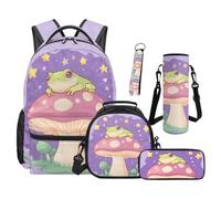 Renewold Kids Teens Backpack Set 5 Piece Girls School Backpack with Lunch Box Pencil Case Water Bottle Sleeve Keychain Adjustable Strap School Bag for School Travel Vacation Cute Frog Mushroom