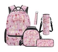 Renewold Pink Bow Butterfly Girls Backpack 5pcs Set Sport Travel School Bag Backpack with Adjustable Padded Strap Bookbag for Kids Teens Back Packs with Lunch Bags Tote Pencil Case Water Bottle Sleeve