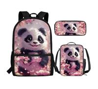 Renewold Pink Panda 3 Piece School Backpack Set with Lunch Bag Pen Bag Set Kids Backpack for Girls 8-10 Portable Lunch Box for Elementary School Students