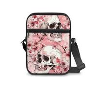 Renewold Pink Skull Print Crossbody Bag Messenger Bag Casual Travel Working Tools Bag Shoulder Bag Hold Phone Pen Passport Cross Body Sling Bag Casual Athletic Purse