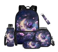 Renewold Purple Butterfly Floral Girls School Book Bag Kids Teens Junior Backpack Set 5 in 1 Daypack with Portable Lunchbox Zip Pencil Cases Water Bottle Cover for Back to School Daily Travel Athletic