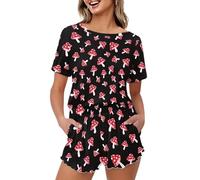 Renewold Red Mushroom Print Women Pajama Sets Two-Piece Nightwear Short Sleeve Sleepwear Round Collar Pj Lounge Sets with Pajamas Shorts Women's Clothes for Daily Yoga Running Size M