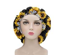 Renewold Satin Sleep Cap, Double Layer Reversible Satin Bonnet Womens Adjustable Slouchy Beanie Hat for Night Sleep Curly Protective Hair Cap Sunflower Yellow
