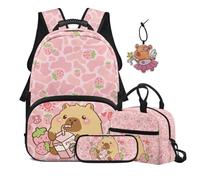 Renewold School Backpack 4 Piece Kids Backpack Set Large Capacity Multi-Pocket School Bag with Lunch Box Pencil Case Adjustable Padded Straps for School Weekend Travel 6-12 Cute Capybara Drink Milk