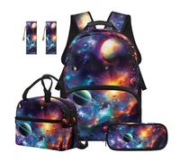 Renewold School Backpack Kids Teens Backpack 5PCS Set Lightweight Durable School Bag with Lunch Box Pencil Case Adjustable Shoulder Straps for Primary Middle School Boys Galaxy Planet Pattern