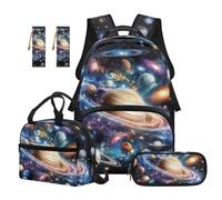Renewold Set 5 in 1 Back to School Supplies Children Teens Backpack with Thermal Lunch Box Pencil Pen Pouch Waterproof Bookmarks Set for Boys Galaxy Planet Backpack Student Book Bag