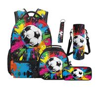 Renewold Soccer Colorful Boys Backpack 5pcs Set Sport Travel School Bag Backpack with Adjustable Padded Strap Bookbag for Kids Teens Back Packs with Lunch Bags Tote Pencil Case Water Bottle Sleeve