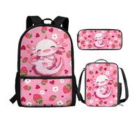 Renewold Strawberry Axolotl 3 Piece School Backpack Set with Lunch Bag Pen Bag Set Kids Backpack for Girls 8-10 Portable Lunch Box for Elementary School Students
