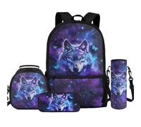 Renewold Wolf 4Pcs Kids Backpack for Boys with Lunch Bag Pen Bag Set and Water Bottle Case Cover Large Capacity Lunch Box for Elementary School Students