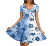 Renewold Women's Dresses Short Sleeve Womens Casual Dresses Starfish Seashell Print V-Neck A-Line Novelty Dresses Spring Summer Fall Winter Clothing for Party Work Club Travel 4XL