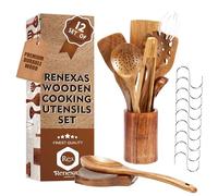 Renexas 12 Pcs Wooden Spoons for Cooking Utensils, Natural Teak Wooden Cooking Spoons with Nonstick Spatula Set, Bamboo Kitchen Utensils With Holder, Wood Spoon Set for Kitchen Essentials