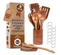 Renexas 9 Pcs Teak Wooden Spoons for Cooking- Non-Toxic, Non-Stick Kitchen Utensils Set Wood Spatulas with Hooks, Spoon Rest & Holder - Lightweight, Heat Resistant, Eco-Friendly.