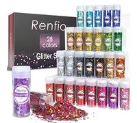 Renfio 28 Colors Holographic Chunky Glitter Set, 9.87oz 280g Chunky Glitter Sequins PET Flakes Mixed Fine Glitters for Crafts, Nail Art, Tumber, Hair, Slime, Festival Decoration