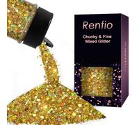 Renfio Holographic Glitter, 2.11oz/60g Medium Size Chunky Glitter Mix Ultra Fine Glitter for Crafts Gold Glitter Sequins Christmas Resin Glitters PET Flakes for Nail Art Tumblers Slime - Laser Gold