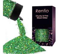 Renfio Holographic Glitter, 2.11oz/60g Medium Size Chunky Glitter Mix Ultra Fine Glitter for Crafts Green Glitter St Patricks Day Resin Glitters PET Flakes for Nail Art Tumblers Slime - Laser Green