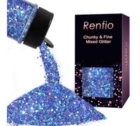 Renfio Holographic Glitter Medium Size 2.11oz/60g - Chunky Ultra Fine Mix With Sequins, PET Flakes for Nail Art, Tumblers, Slime, Resin Crafts - Laser Ocean Blue