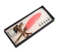 Rengue Feather Pen Set, Retro Carved Stainless Steel Writing Set for (Pink) | Includes Flat Nib 1-5mm for Gothic/Italian Script, Metal Pen Holder, Glass Inkwell, Gift-ready Box Packaging