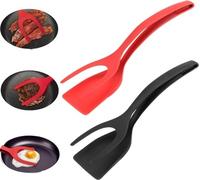Renhe ingenuity 2Pcs 2 in 1 Grip and Flip Spatula Tongs, 2 in 1 Spatula and Tongs, Egg Flipper Spatula, Pancake Fish French Toast Omelet Making for Home Kitchen Cooking Tool (red + black)