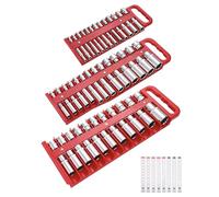 Reniteco Magnetic Socket Holder Set, Black Portable Heavy Duty Socket Rail For 3/8-inch Drive, Hold 28 Sockets - Fit Shallow & Deep Sockets (Red, 3pc)