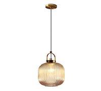 RENKTE Industrial Glass Pendant Light Vertical Striped E27 Pendant Lighting for Kitchen Island Bedroom Brass Pendant Lamp (Amber, 20cm)