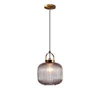 RENKTE Industrial Glass Pendant Light Vertical Striped E27 Pendant Lighting for Kitchen Island Bedroom Brass Pendant Lamp (Grey, 20cm)