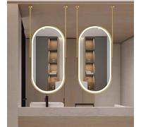Renmlion Gold Oval LED Mirror for Ceiling Hanging｜Wall-Mounted Bathroom Mirror with 3 Colors Dimmable Strip Light｜Metal Frame Vanity Makeup Mirrors Floating Decor Mirror(50cmx70cm)