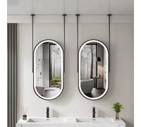 Renmlion Metal Ceiling Mounted Mirrors with LED Light，Black Oval Bathroom Mirror Suspended Shaving Mirror For Over Sink，Modern Home Decor HD Mirrors，3 Colors Dimmable Light(40cmx60cm)