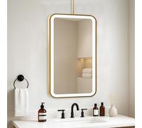Renmlion Rectangle Bathroom Mirror with LED Lights，Hanging Vanity Mirror Large Wall Mirrors with Ceiling-Mounted Boom，Gold Metal Frame Decorative Mirrors，Customizable(40cmx60cm)