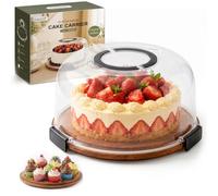 Renmxj Acacia Wood Cake Carrier, Portable Cake Stand with Lid and Handle | 10 inch cake container with 3 safety locks, 2-in-1 cupcake carrier, for baking enthusiasts, home kitchen, party & gift