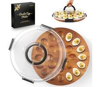 Renmxj Deviled Egg Containers with Lid, Acacia Wooden Base with 24 Slots