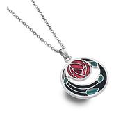 Rennie Mackintosh Inspired Enamelled 25 mm Round Rose and Coils Necklace Pendant On 16 Inch Chain In Presentation Box (Black)