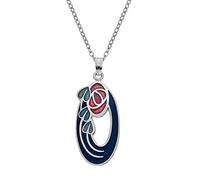 Rennie Mackintosh Inspired Enamelled 27 mm Oval Rose and Leaves Necklace Pendant On 16 Inch Chain In Presentation Box (7285) (Blue)