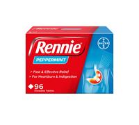 Rennie Peppermint Flavour Antacid, Heartburn and Indigestion Chewable Tablets, 1 Pack of 96 Tablets - Gets to Work in 60 Seconds f