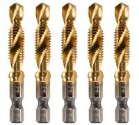 Rennie Tool 5pcs M8 x 1.25 Combination Drill and Tap Bit, 1/4" Hex Shank | Titanium Coated HSS Spiral Flute Metric Coarse Drilling Tapping Tool. 8mm x 1.25mm Pitch Drill Bits