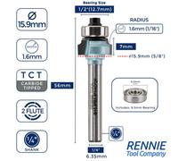 Rennie Tool Company Rennie Tool - 2mm Rad, 1/4" Shank Tct Guided Round Over Router Cutter Bit Fits Makita Festool Dewalt Trend Router Etc