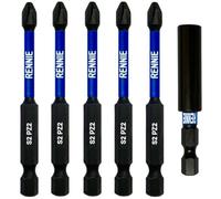 Rennie Tool Company Rennie Tools 5 Pack Pz2 X 75mm Long Magnetic Impact Driver Screwdriver Bits Set Pozidriv (Pozi 2) + 60mm Bit Holder