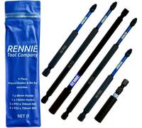 Rennie Tool Company Rennie Tools 6 Piece Extra Long Pz2 Magnetic Impact Screwdriver Bits Set With Impact Bit Holders. 2 Pz2 X 100mm & 150mm