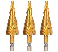 Rennie Tool Company Rennie Tools Pack Of 3 X 4-20mm Hss Spiral Flute Step Drill Bit Titanium (Tin) Coated Cone / Hole Cutter For Steel Plastics & Wood