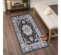 renoazul® Jute Back Door Runner Mat Indoor - Rada Black Floral Rug - 80x150 cm - Washable Kitchen Runners, Inside Door Mat, Corridor and Bedside Rug
